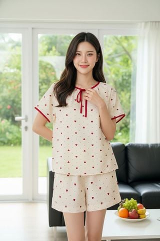 Bộ đồ nữ vải đũi vân mây tay cộc cổ tròn phối viền.