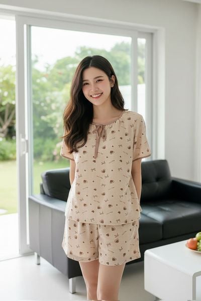  Bộ đồ nữ vải đũi vân mây tay cộc cổ tròn phối viền. 