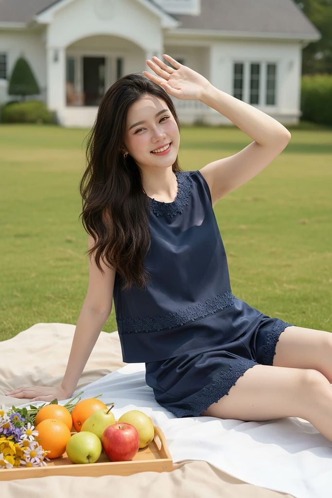  Bộ mặc nhà nữ vải Kaki sát nách đùi phối gấu ren 