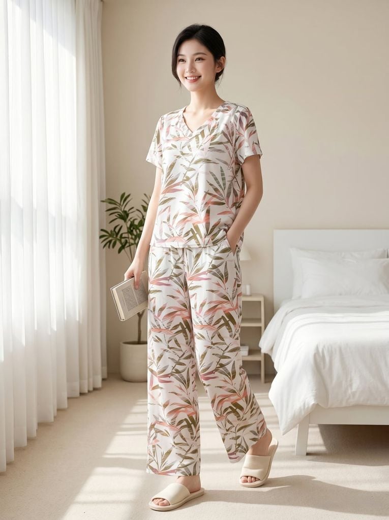  Bộ lanh áo cộc quần dài cổ V nhún 