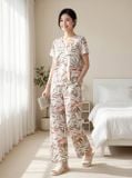  Bộ lanh áo cộc quần dài cổ V nhún 