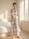  Bộ lanh áo cộc quần dài cổ V nhún 
