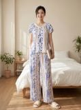  Bộ lanh áo cộc quần dài cổ V nhún 