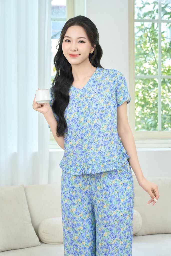  Bộ Đồ Mặc Nhà Nữ Cardina Dáng Quần Suông Vải Lanh Thấm Hút Họa Tiết Hoa 