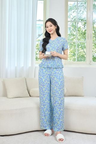 Bộ Đồ Mặc Nhà Nữ Cardina Dáng Quần Suông Vải Lanh Thấm Hút Họa Tiết Hoa