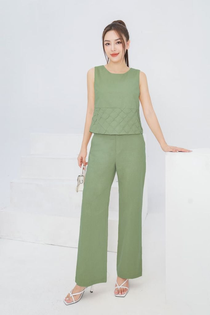  Quần linen cạp cao ống đứng cúc cài có túi cạp sau chun co giãn 