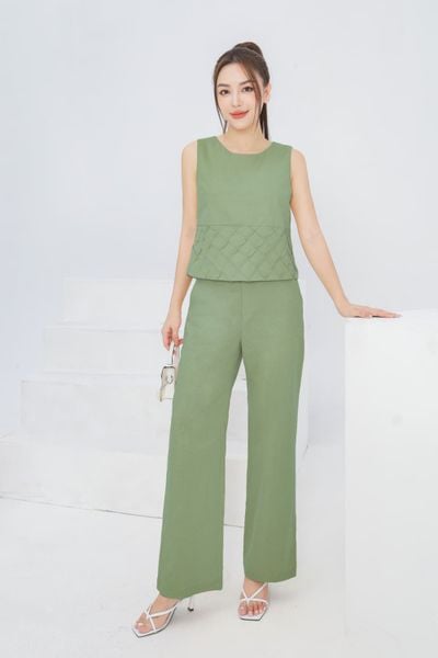 Quần linen cạp cao ống đứng cúc cài có túi cạp sau chun co giãn