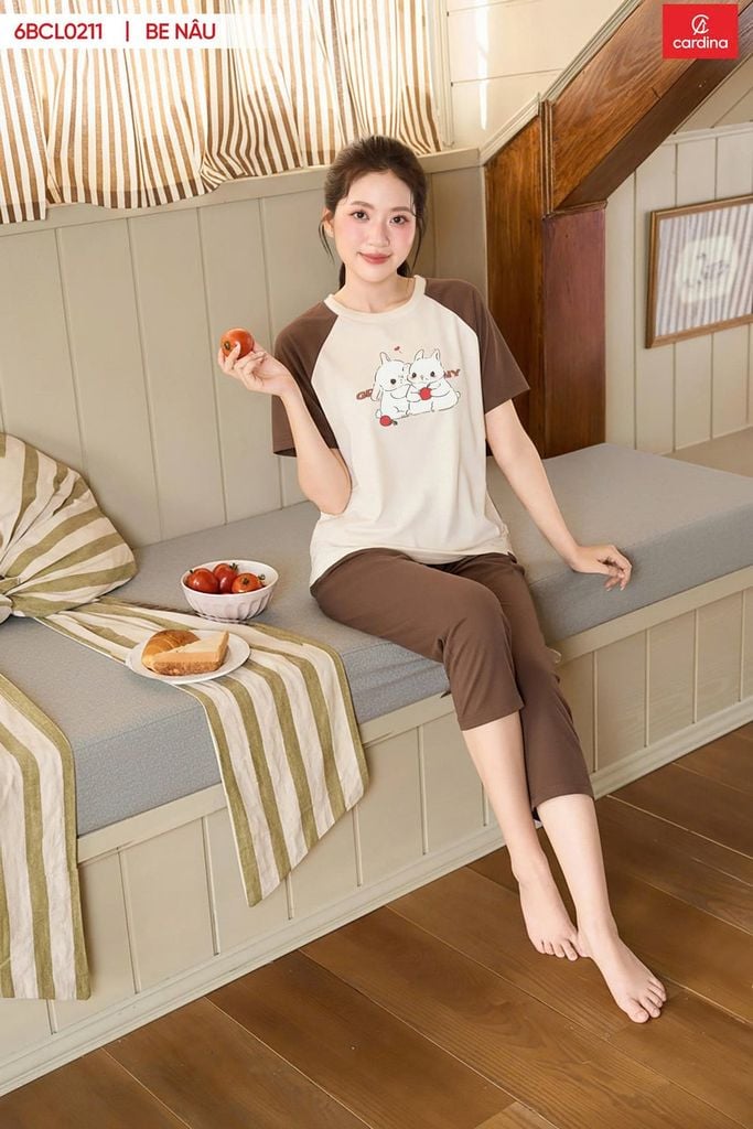  Bộ đồ cotton lửng cổ tròn phối tay Raglan họa tiết hoạt hình 