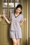  Bộ đồ nữ tăm lạnh đùi tay cộc cổ tim họa tiết tim nhí 