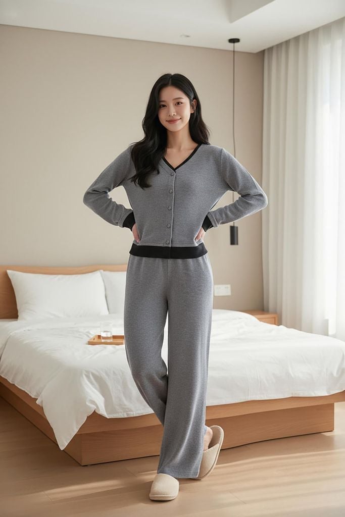  Bộ đồ nữ nỉ lông cừu áo cổ tim phối viền quần suông 