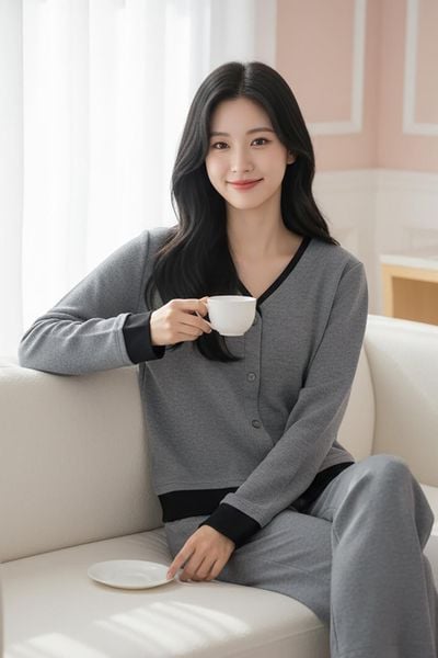  Bộ đồ nữ nỉ lông cừu áo cổ tim phối viền quần suông 