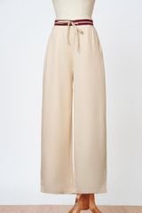 Quần dài nữ chất Umi dáng suông cạp chun dây rút phối kẻ