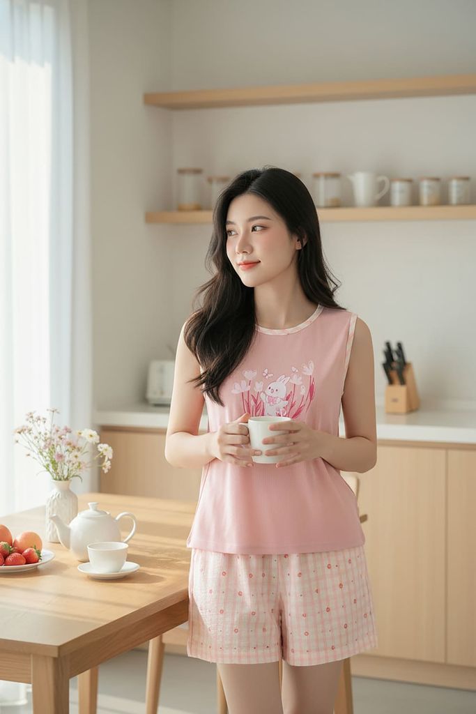  Bộ đồ nữ vải Tăm lạnh sát nách cổ tròn phối quần thô kẻ 