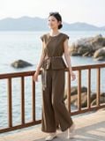  Bộ thô đũi áo tay hến peplum phối quần suông 