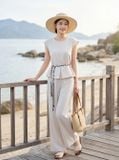  Bộ thô đũi áo tay hến peplum phối quần suông 