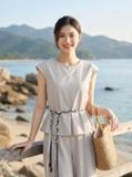  Bộ thô đũi áo tay hến peplum phối quần suông 