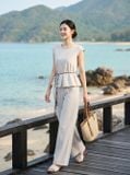  Bộ thô đũi áo tay hến peplum phối quần suông 