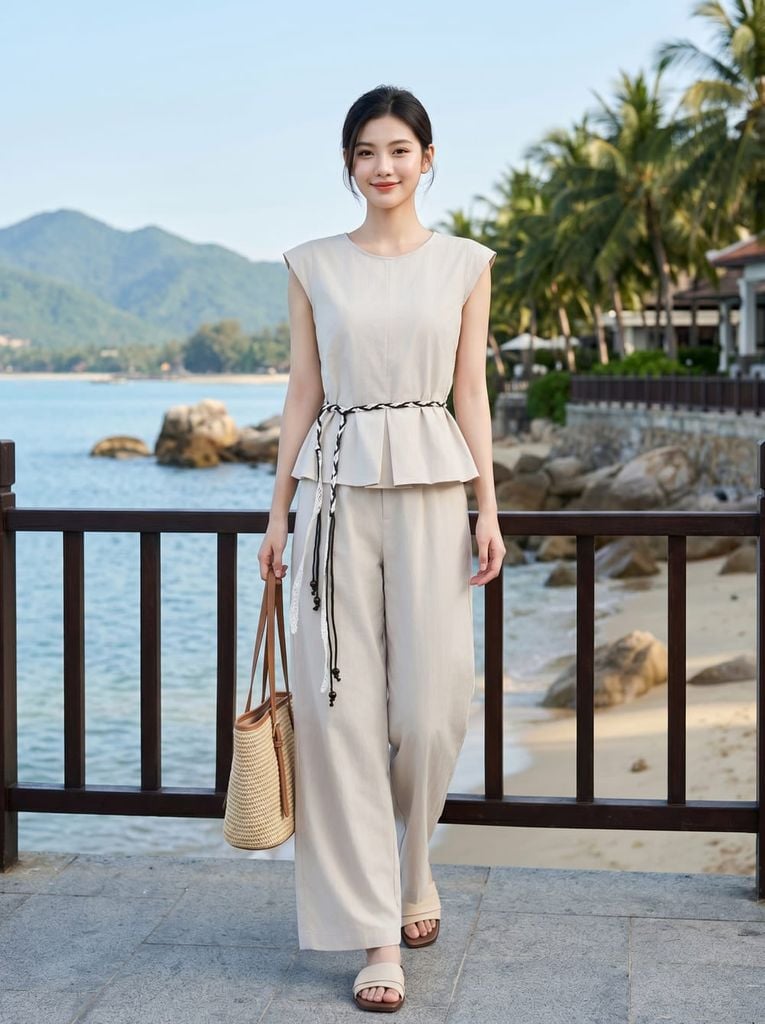  Bộ thô đũi áo tay hến peplum phối quần suông 