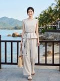  Bộ thô đũi áo tay hến peplum phối quần suông 