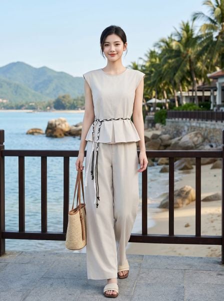  Bộ thô đũi áo tay hến peplum phối quần suông 