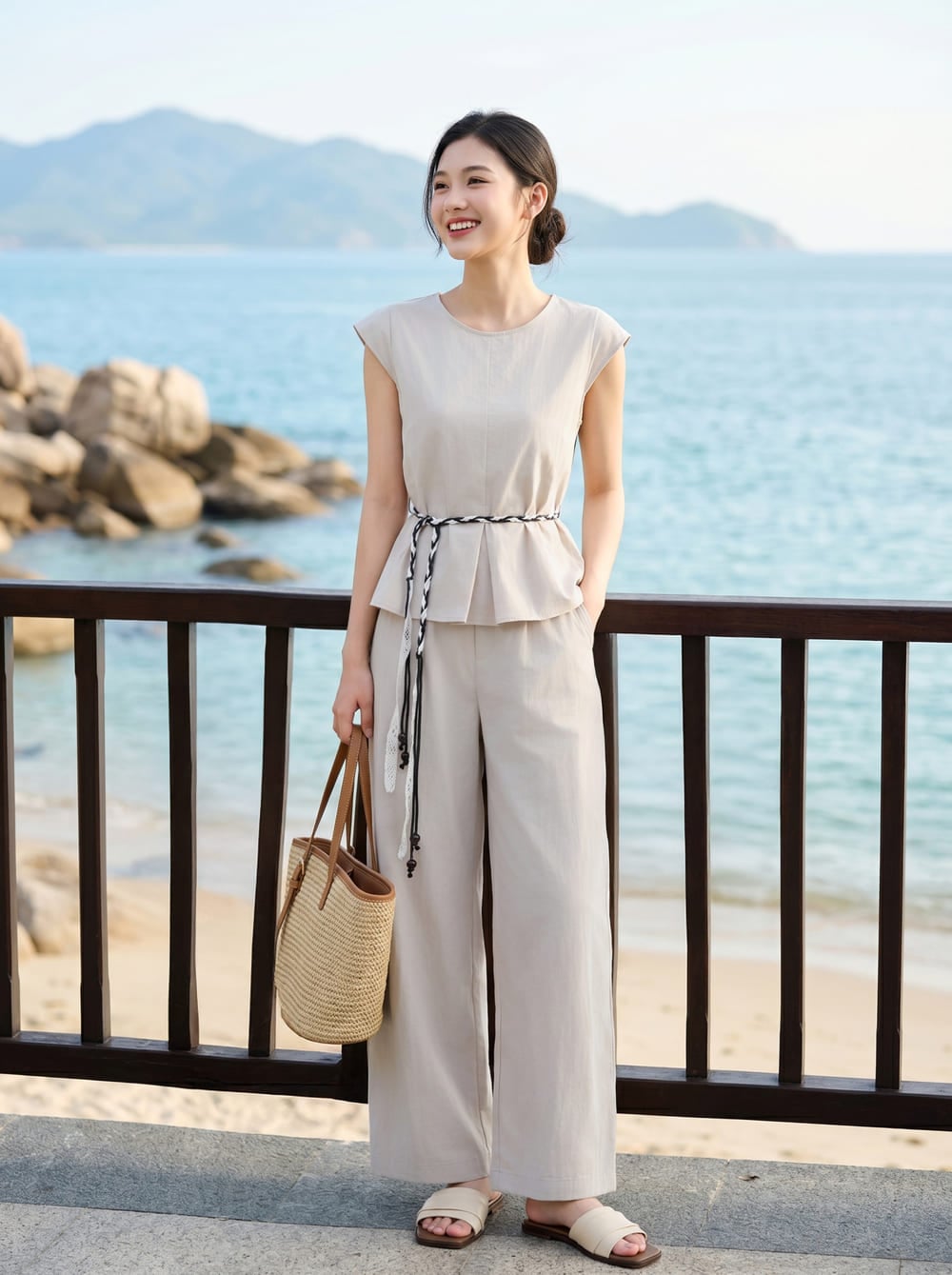 Bộ thô đũi áo tay hến peplum phối quần suông