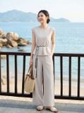  Bộ thô đũi áo tay hến peplum phối quần suông 