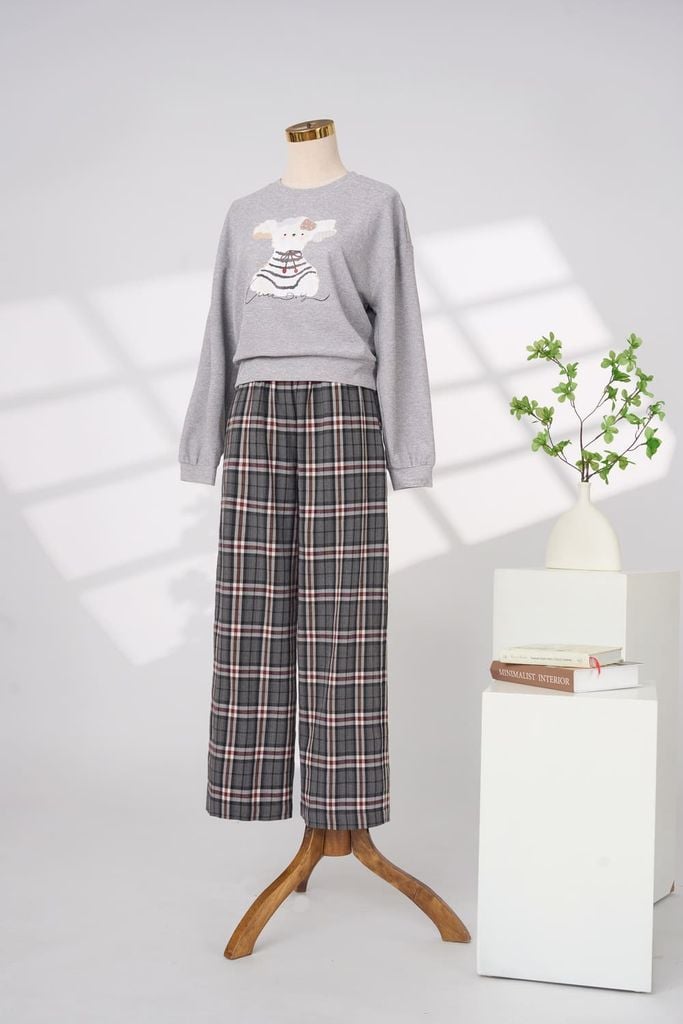  Bộ dài tay quần suông cổ tròn gấu bo Áo Kẻ caro 