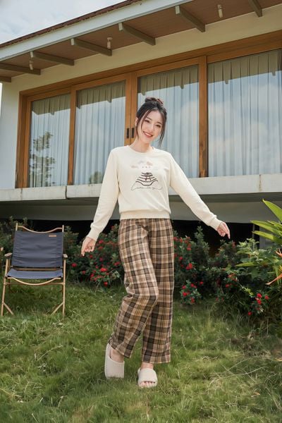  Bộ dài tay quần suông cổ tròn gấu bo Áo Kẻ caro 