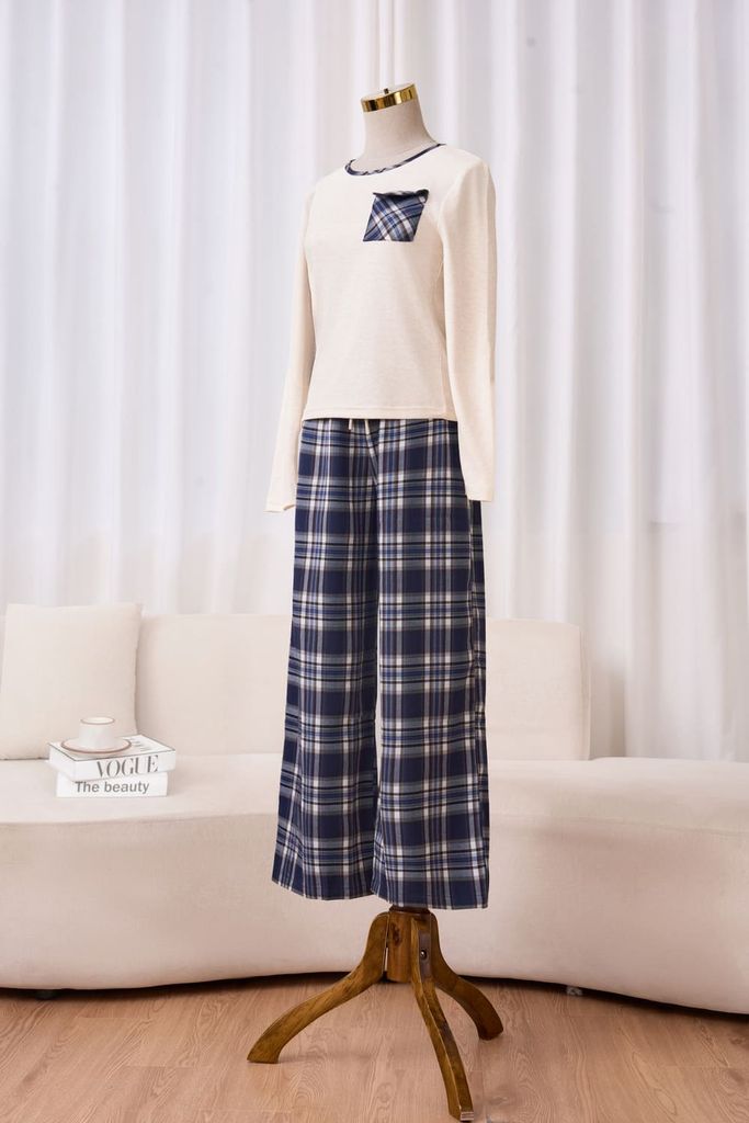  Bộ nỉ lông cừu quần thô kẻ dáng suông phối túi ốp 