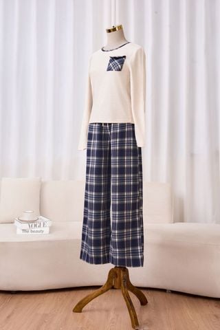 Bộ nỉ lông cừu quần thô kẻ dáng suông phối túi ốp