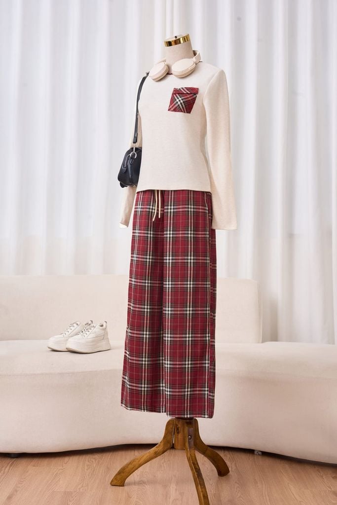  Bộ nỉ lông cừu quần thô kẻ dáng suông phối túi ốp 