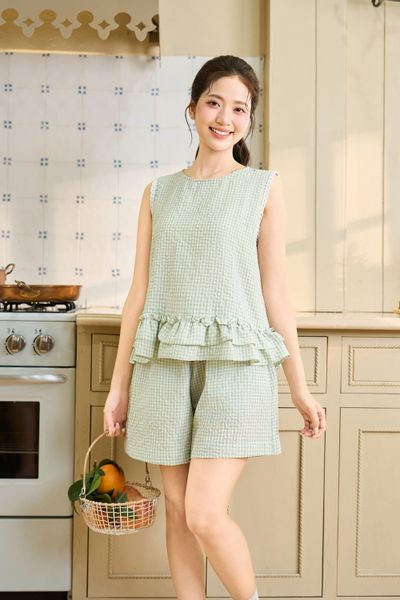  Bộ đồ nữ thô kẻ sát nách cổ tròn gấu bèo tầng 