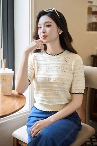 Áo len cotton nữ dáng tay lỡ cổ tròn phối viền cách điệu