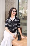  Áo cardigan len cotton cổ tim dệt nổi kẻ tay lỡ 