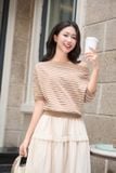  Áo len lông thỏ nữ dáng tay lỡ cổ ngang phối viền kẻ 