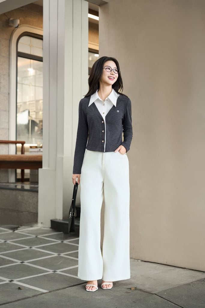  Áo nỉ tăm lông cừu dài tay phối cổ sơ mi trắng 