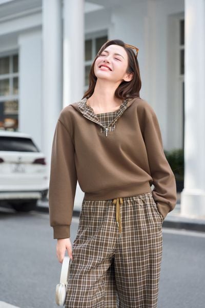  Quần suông nữ chất dạ họa tiết kẻ dáng dài cạp chun 