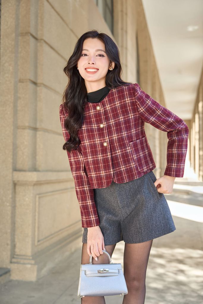  Áo khoác dạ tweed họa tiết kẻ dáng ngắn Retrochic 