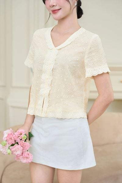  Áo kiểu nữ tay cộc cổ V phối ren chất thô thêu nữ tính 