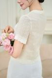  Áo kiểu nữ tay cộc cổ V phối ren chất thô thêu nữ tính 