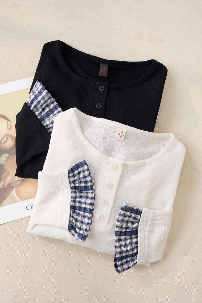  Áo dài tay cổ trụ dáng suông phối gấu bèo 