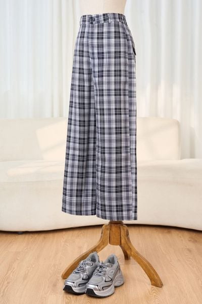  Quần dài ống suông cạp cao chun sau chất dạ kẻ 