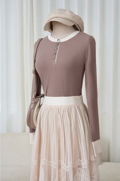  Áo giữ nhiệt nữ vải nỉ bông cotton dáng cổ trụ phối màu 