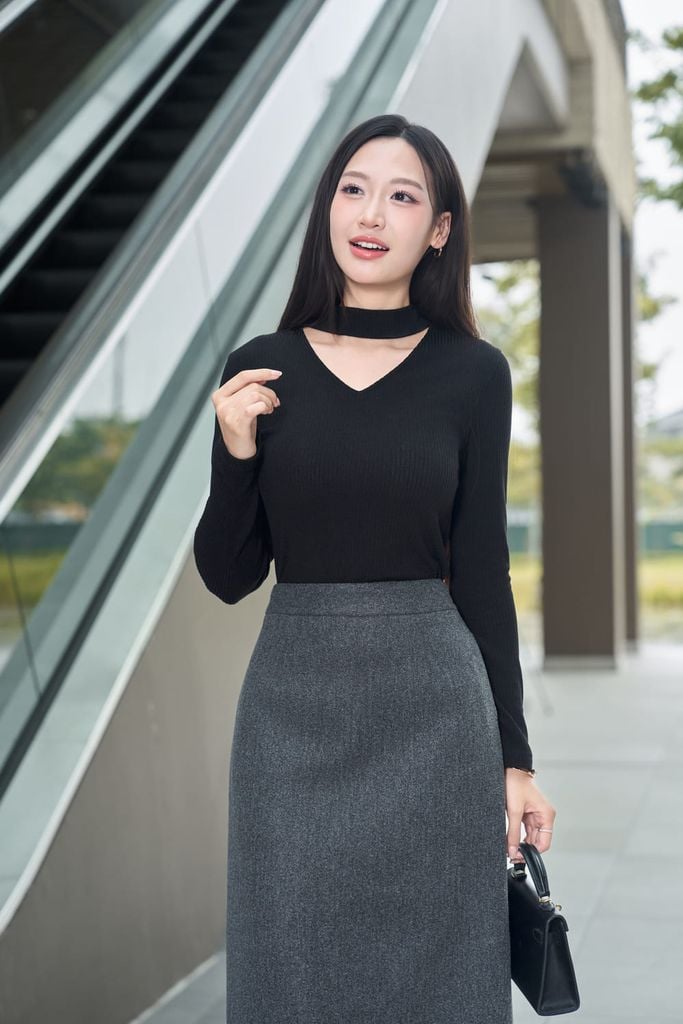  Áo len tăm dài tay dáng ôm cổ choker co giãn 