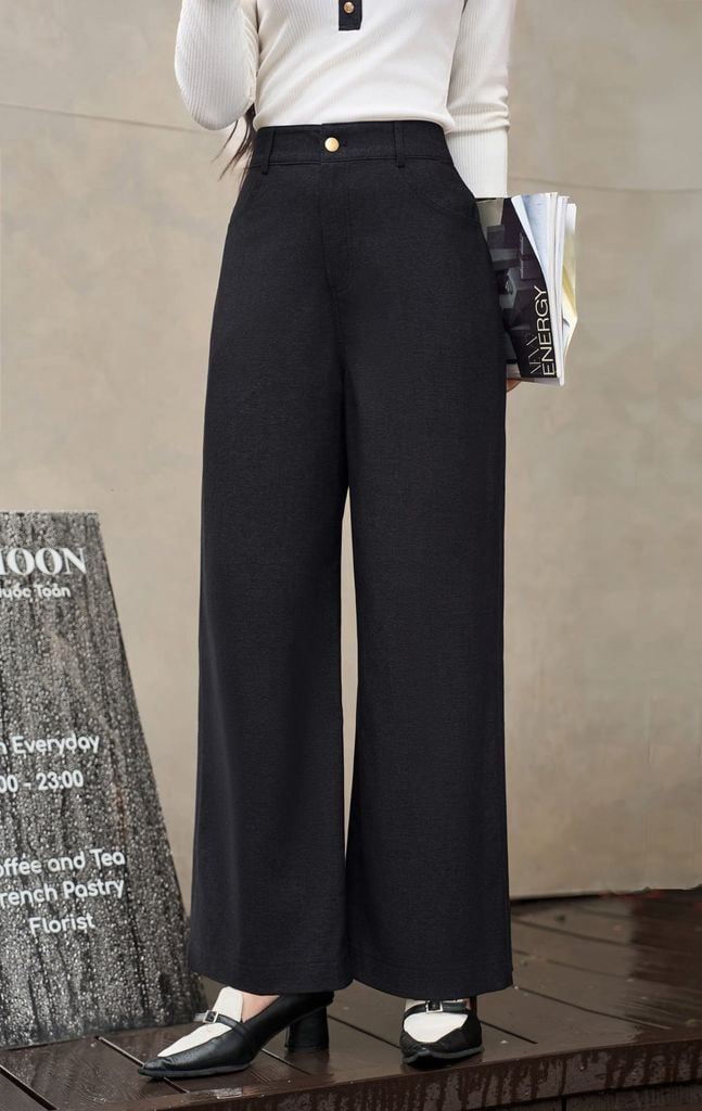  Quần nữ vải denim mềm dáng suông dài cạp cao 