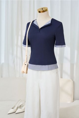 Áo thun nữ dáng tay lỡ có phối kẻ chất tăm lạnh