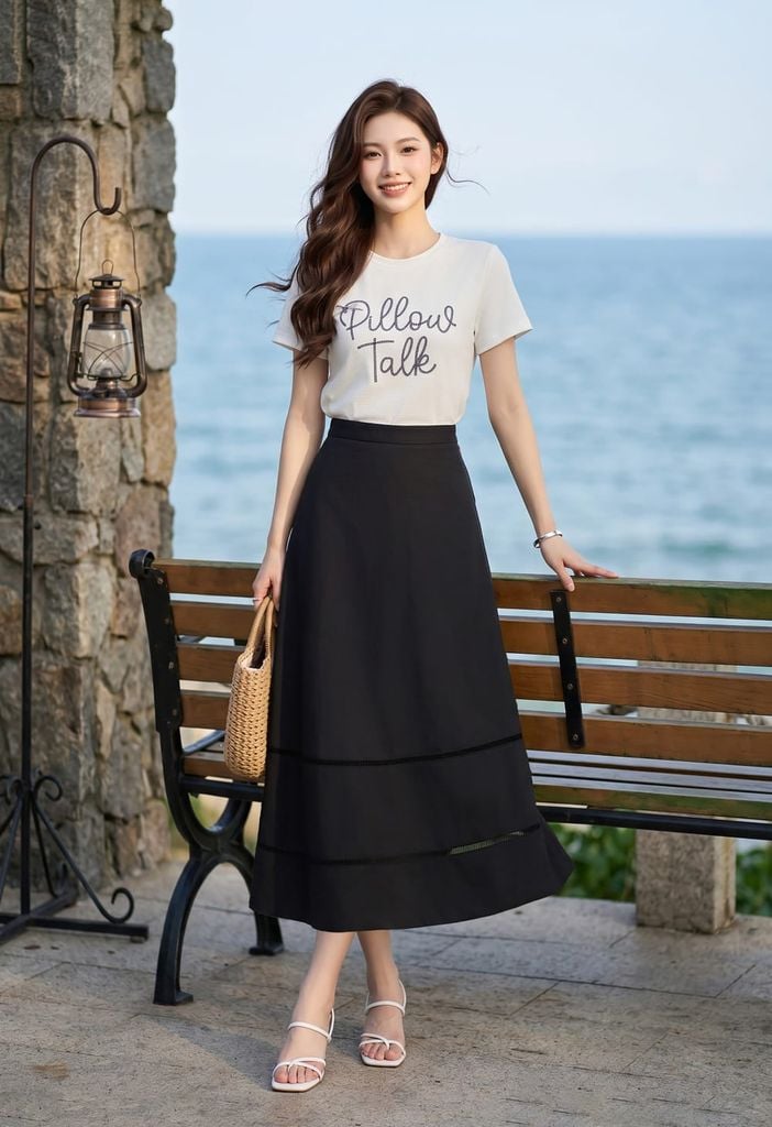  Chân váy xòe trang trí ren dưới gấu 