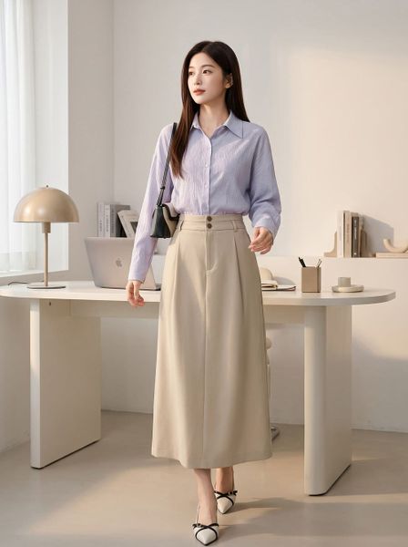  Chân váy chéo kaki dáng suông cạp kiểu xẻ sau 