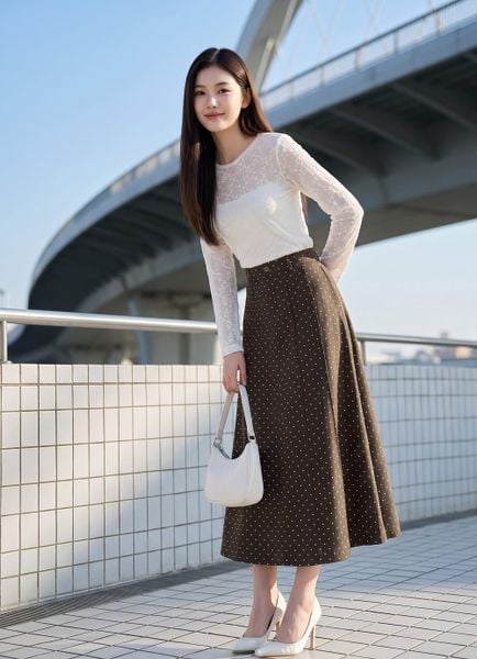  Chân váy denim dáng xòe gân dọc thân 