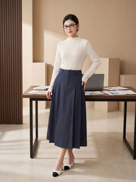  Chân váy denim xòe xếp ly hai bên 